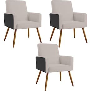 Kit 03 Poltronas Pés Palito Linho Bege Couríssimo Preto