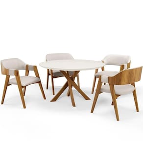Mesa De Jantar Redonda Cora 120cm Off White M04 Com 04 Cadeiras Living Suran Linho Cru - Lyam