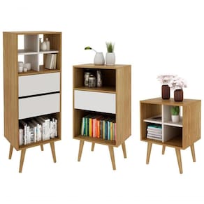 Kit 02 Estantes E 01 Mesa Lateral P/ Sala Natural Off White