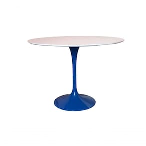Mesa De Jantar Saarinen Redonda 130 Cm Tampo Laca Branca Base Azul Azul