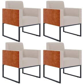 Kit 04 Poltronas Base Fixa Metal Helô L02 Linho Bege Camel