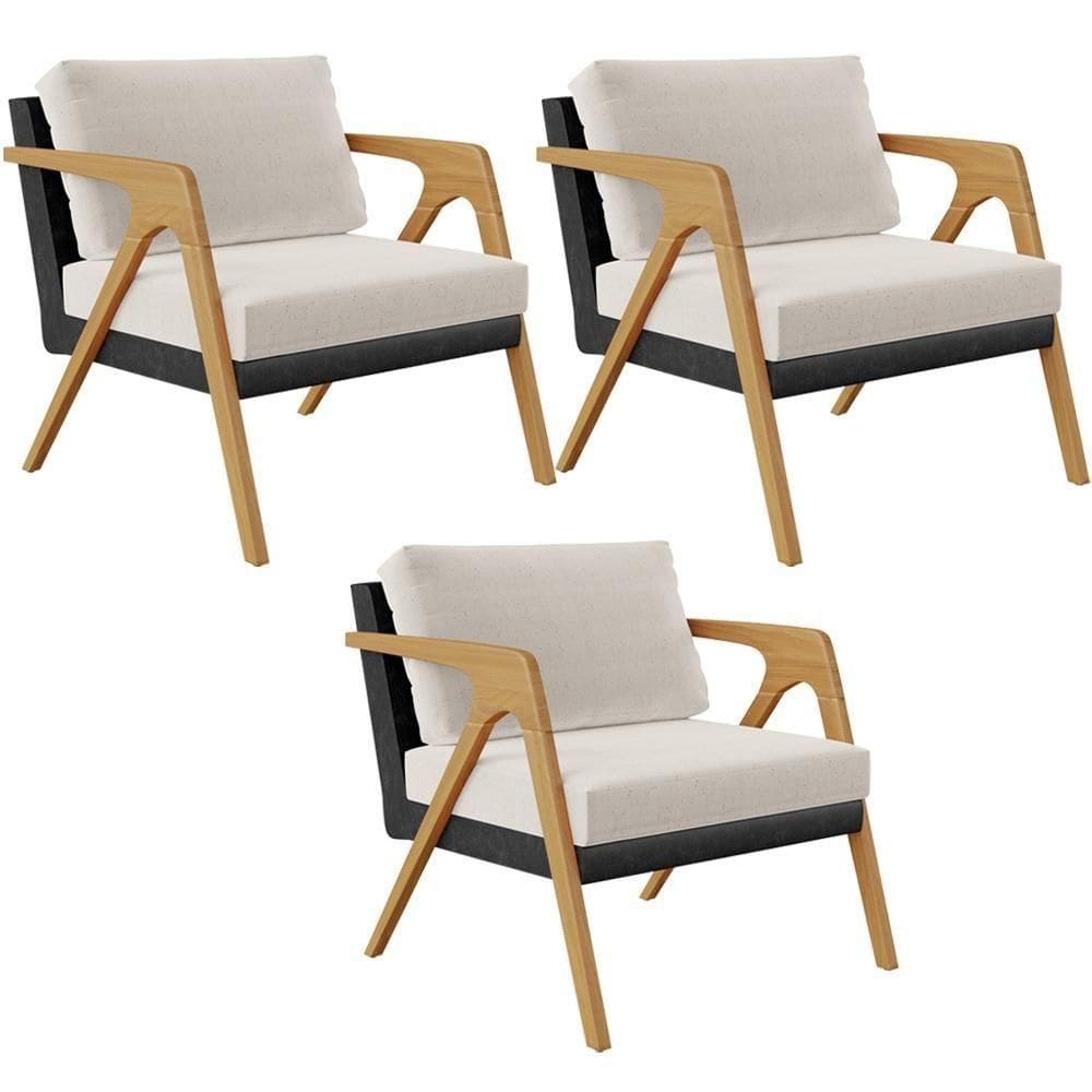 Kit 03 Poltronas Pietra L02 Couríssimo Preto Linho Cru