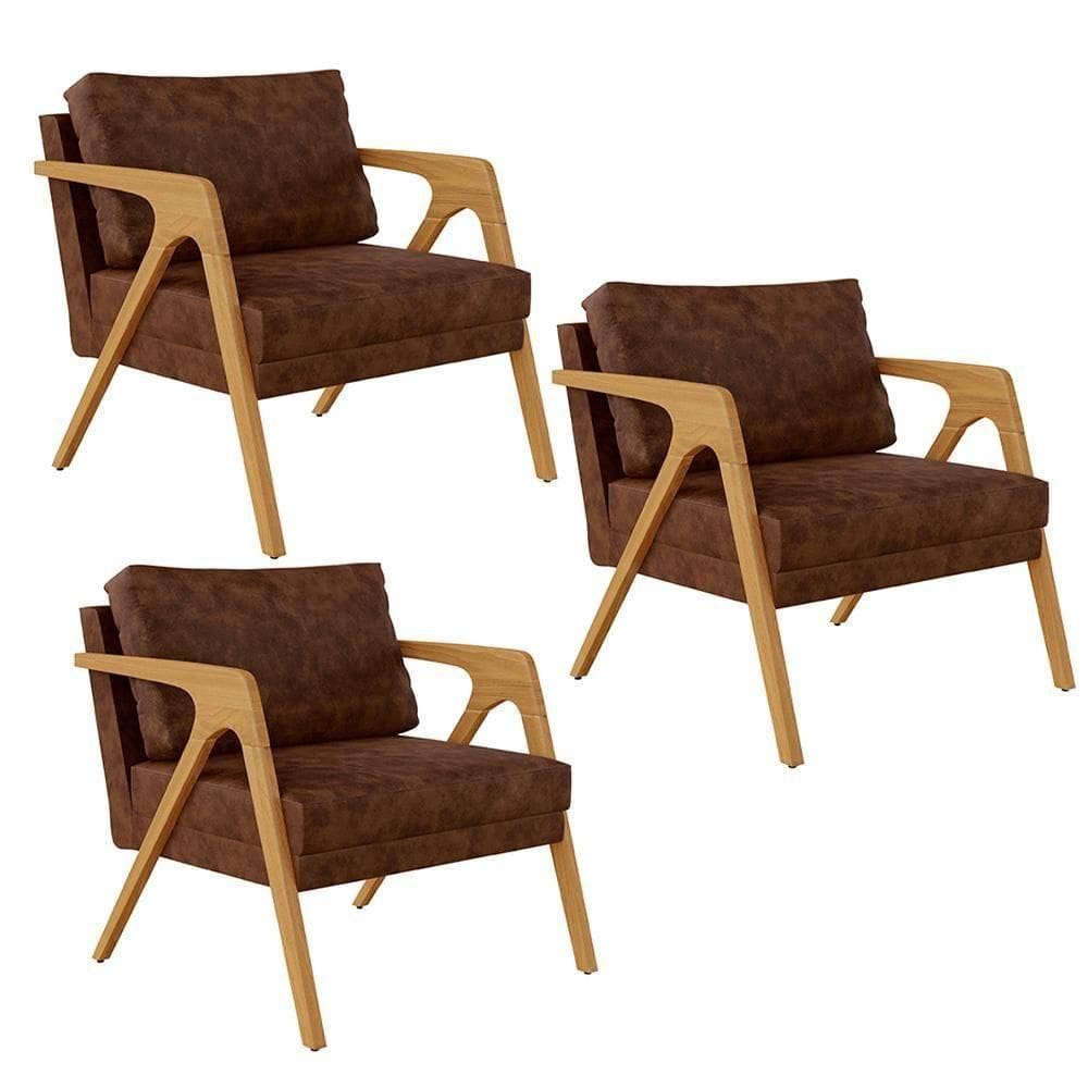 Kit 03 Poltronas Com Estrutura Madeira L02 Marrom