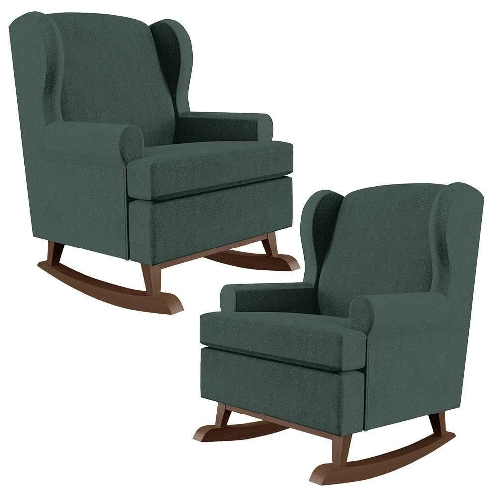 Kit 02 Poltronas Malu Base De Madeira P02 Linho Verde Musgo