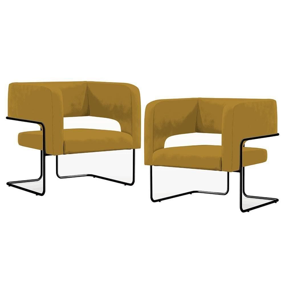Kit 02 Poltronas Base De Aço Preto Veludo Mostarda C-260