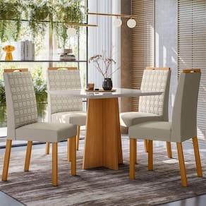 Conjunto Mesa De Jantar 90cm Anitta Tampo Em Mdf Com Vidro E 4 Cadeiras Mariah Ypê Off White