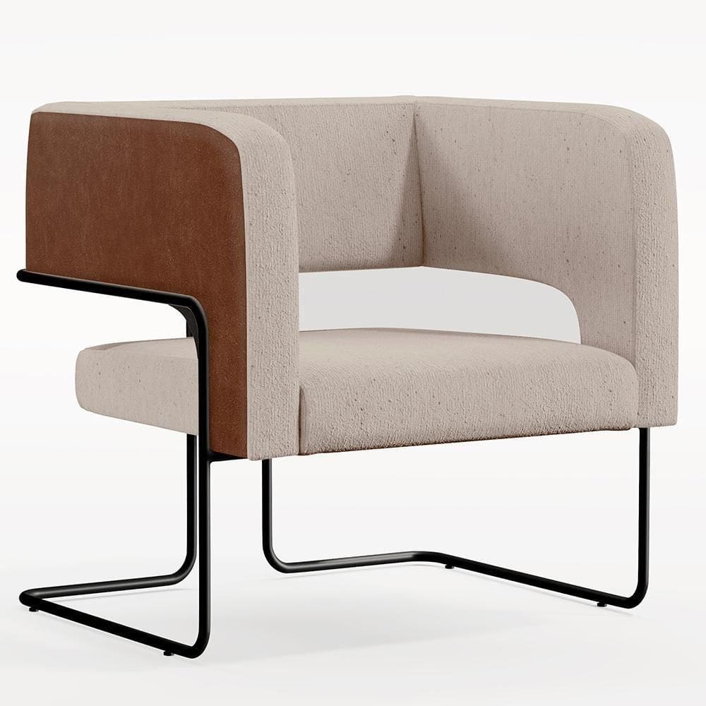 Poltrona Base Aço Preto Couríssimo Marrom Linho Bege