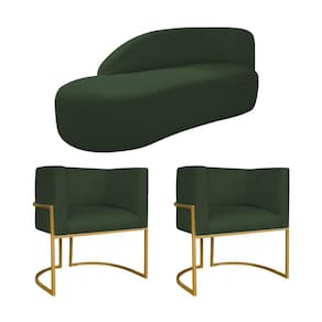 Kit Divã Luna 185cm Lado Esquerdo E 02 Poltronas Base De Ferro Dourado Linho Verde