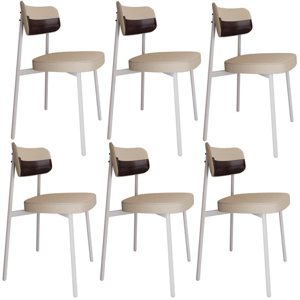 Kit 06 Cadeiras Estofada Para Sala De Jantar Astrid Branco C01 Linho Areia Courino Café - Lyam Decor