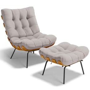 Poltrona Costela L02 Com Puff Linho Bege - Lyam Decor