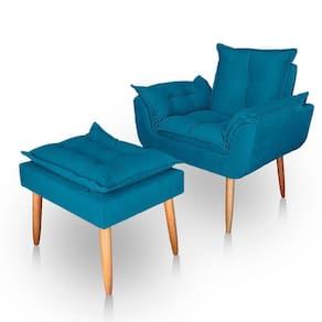 Poltrona Opala Para Sala Com Puff Reforçada Suede Azul Turqueza