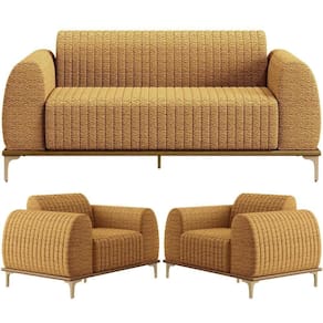 Kit Sofá 3 Lugares 210cm Com 02 Poltronas Molino Base Castanho Pés D`ouro D02  Bouclê Mostarda Pb-03 - Lyam Decor