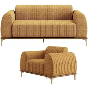Kit Sofá 3 Lugares 180cm Com Poltrona Molino Base Castanho Pés D`ouro D02 Bouclê Mostarda Pb-03 - Lyam Decor