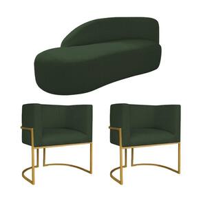 Kit Divã Luna 160cm Lado Esquerdo E 02 Poltronas Base De Ferro Dourado Linho Verde