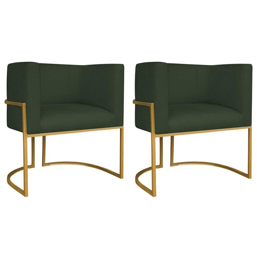 Kit 02 Poltronas Decorativas Luna Base De Ferro Dourado Linho Verde