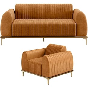 Kit Sofá 3 Lugares 210cm Com Poltrona Molino Base Castanho Pés D`ouro D02 Couríssimo Whisky B-90 - Lyam Decor