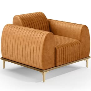 Poltrona Decorativa Base De Madeira Castanho E Pés Metalizado D`ouro Molino D02 Couríssimo Whisky B-90 - Lyam Decor