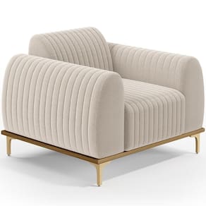 Poltrona Decorativa Base De Madeira Castanho E Pés Metalizado D`ouro Molino D02 Bouclê Creme B-54 - Lyam Decor