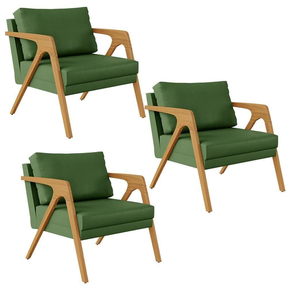 Kit 3 Poltronas Com Estrutura Madeira L02 Facto Verde Musgo