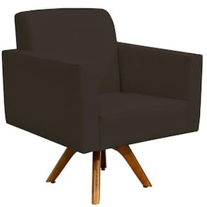 Poltrona Giratória Base De Madeira Suede Marrom