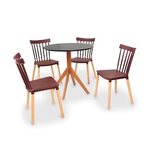 Conjunto Mesa De Jantar Maitê 80cm Preta Com 4 Cadeiras Windsor - Marrom