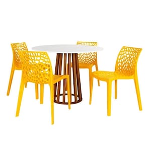 Conjunto Mesa De Jantar Redonda Talia Amadeirada Branca 100cm Com 4 Cadeiras Gruvyer - Amarelo