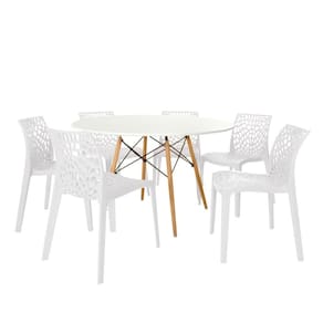 Conjunto Mesa De Jantar Redonda Eiffel Branca 120cm Com 6 Cadeiras Gruvyer - Branco