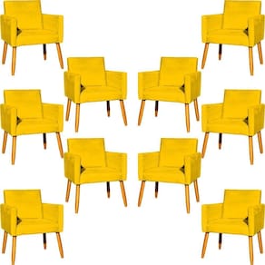Kit 10 Poltronas Decorativa Para Sala Nina Suede Cores Pé Palito 30cm Castanho - Amarelo, Suede