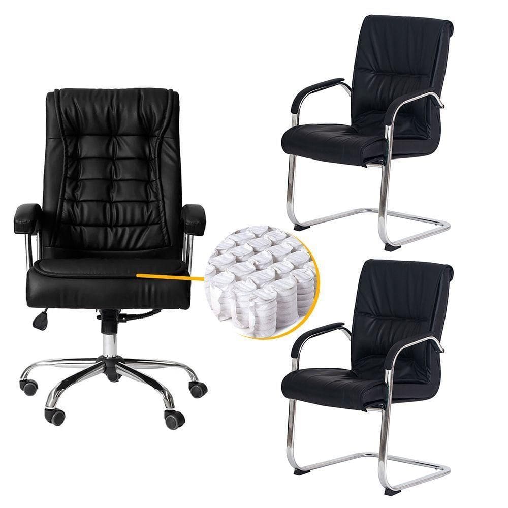 Kit Cadeiras De Escritório, 1 Cadeira Presidente Munique Big + 2 Fixas Preta - Waw Design