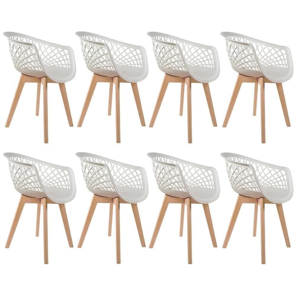 Kit 08 Cadeiras Madri Com Base De Madeira E01 Branco