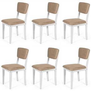 Conjunto 6 Cadeiras De Jantar Estofada Em Madeira Maciça Ella Branco/marrom Claro