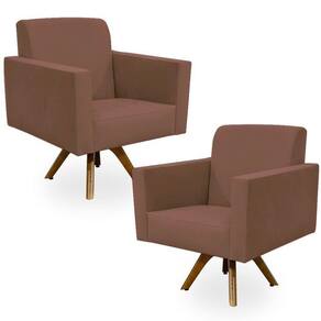Kit 02 Poltronas Giratória Base De Madeira Suede Rosê
