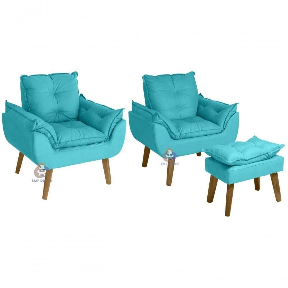 Kit 02 Poltrona E Puff Opala Azul Turquesa