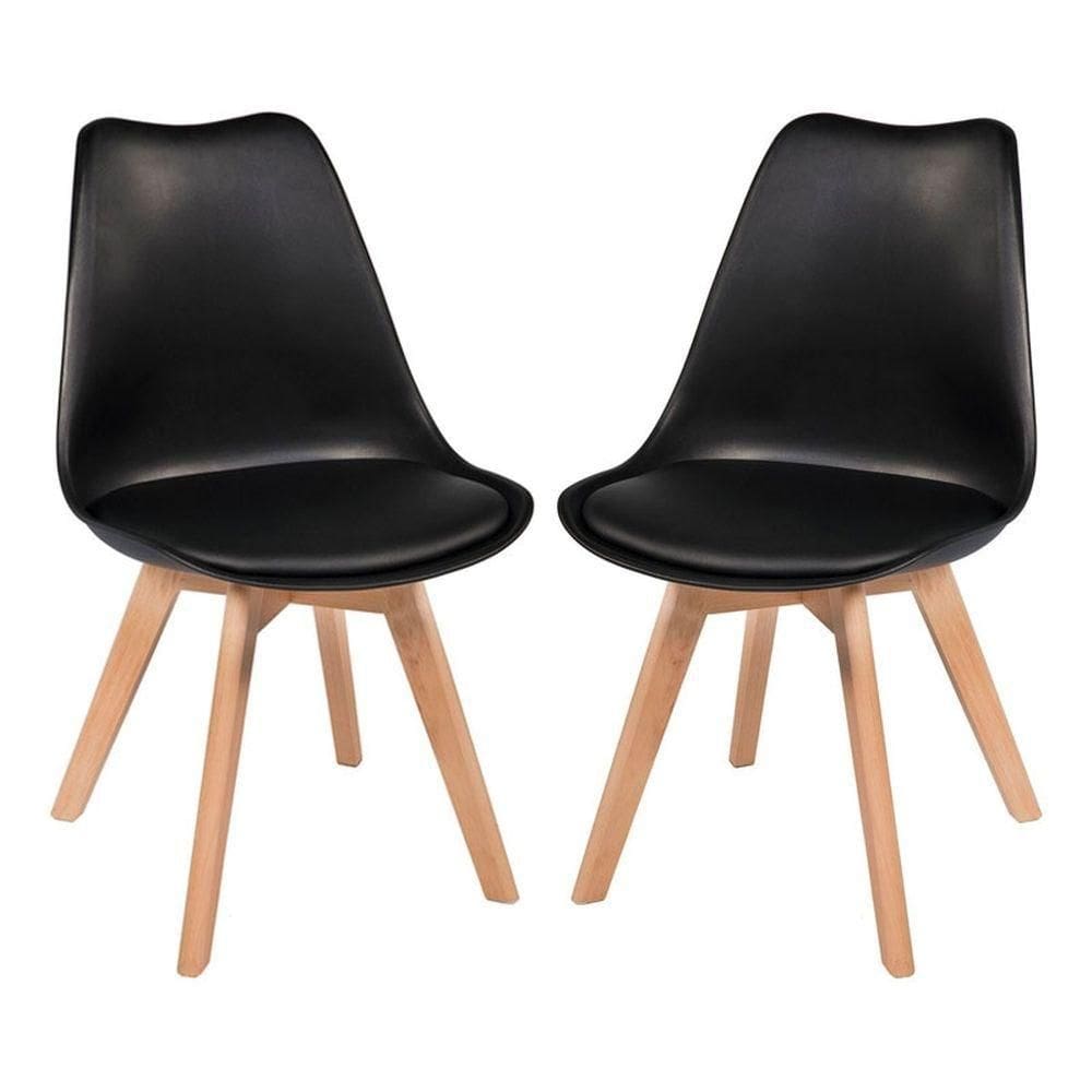Kit 2 Cadeira Leda Preta Charles Eames Wood Com Almofada
