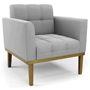 Poltrona Decorativa Base Madeira Castanho Ana Suede Cinza
