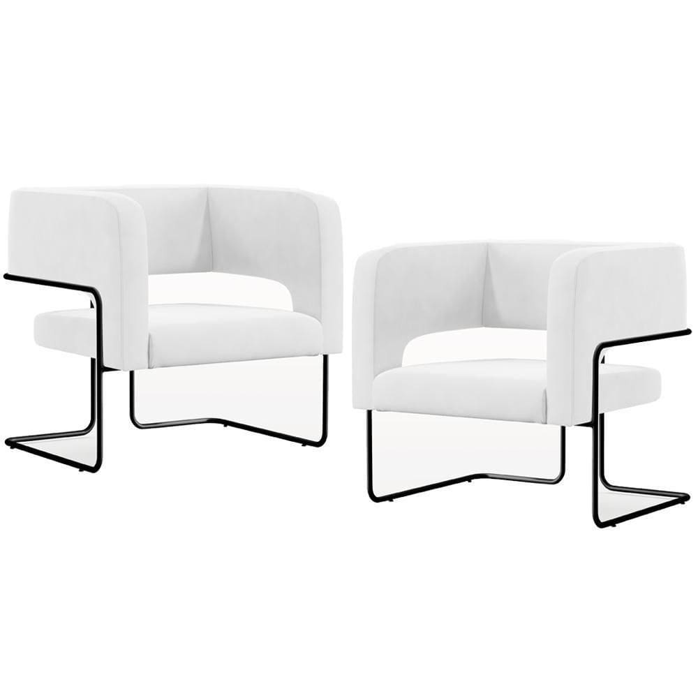 Kit 02 Poltronas Base De Aço Preto Corano Branco C-12