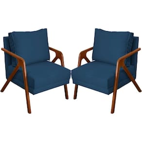 Kit 2 Poltronas Decorativa Shine Pé Castanho - Azul-marinho Suede