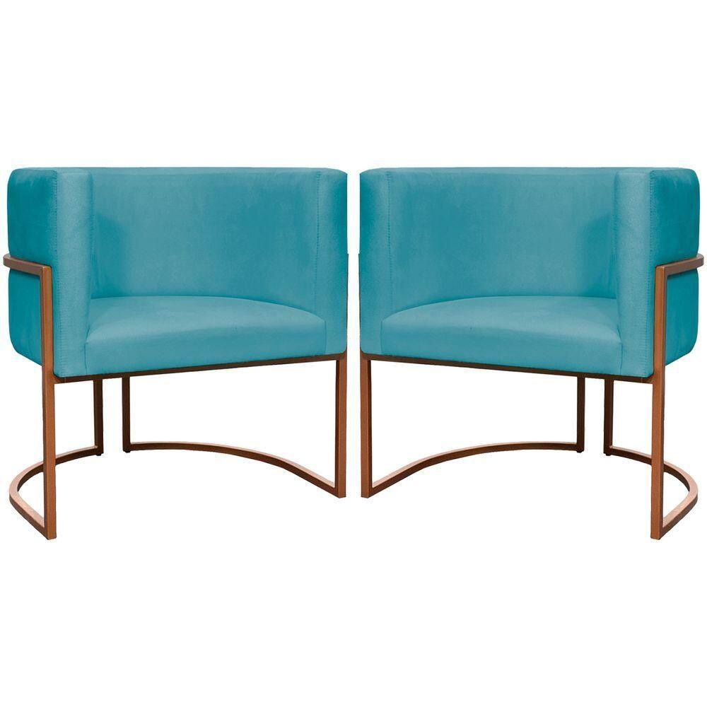 Kit 2 Poltronas Para Sala De Recepção Luna Suede Cores Base De Ferro Bronze - Azul-turquesa, Suede