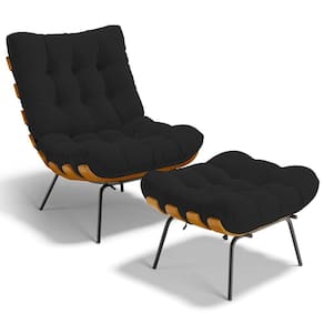 Poltrona Costela L02 Com Puff Sala De Estar Suede Preto - Lyam Decor