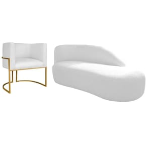Kit Divã Luna 160cm Lado Direito E 01 Poltrona Base De Ferro Dourada Suede Cor Branco