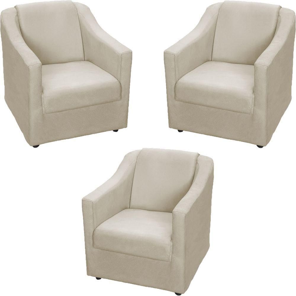 Kit 3 Poltronas Mila Pé De Plástico Cromado - Bege Suede