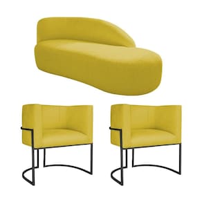 Kit Divã Luna 140cm Lado Direito E 02 Poltronas Base De Ferro Preto Suede Cor Amarelo