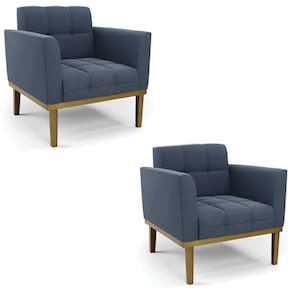 Poltrona Base Madeira Castanho Kit 2 Ana Suede Azul Marinho