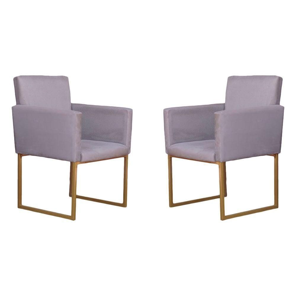 Kit 02 Poltronas Decorativas Klara Base Dourada Em Suede Cinza