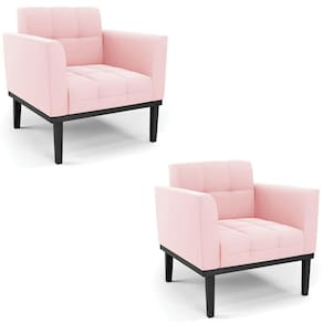 Poltrona Base Madeira Preto Kit 2 Ana Suede Rosa Bebê