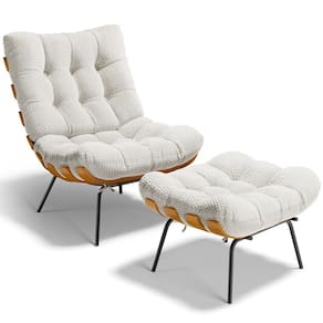 Poltrona Costela L02 Com Puff Sala De Estar Bouclê Cru - Lyam Decor