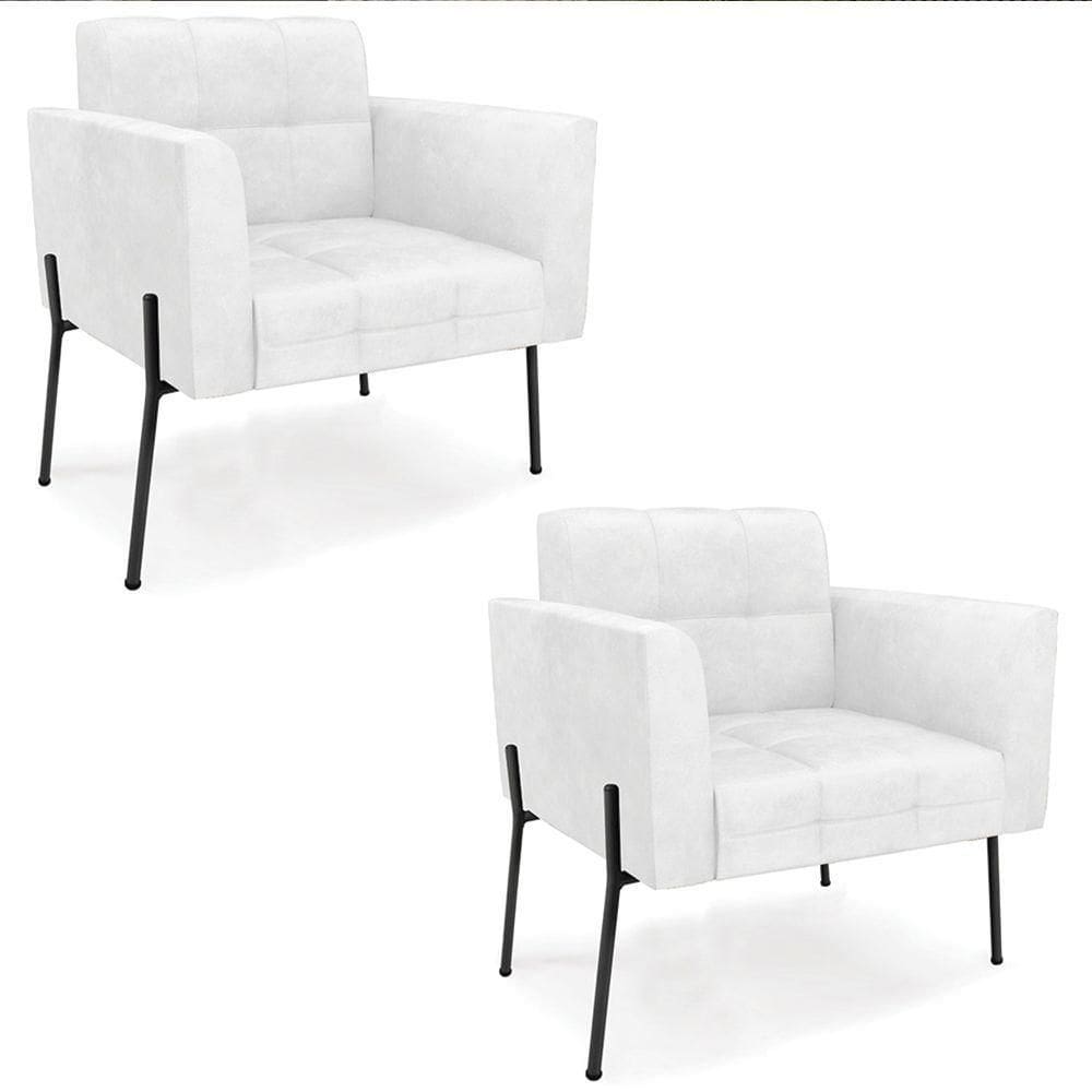 Poltrona Sala Pé Metal Preto Kit 2 Ana Sintético Pu Branco - Ibiza