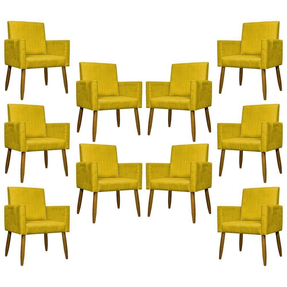 Kit 10 Poltronas Decorativas Mari Pé Palito Castanho - Amarelo Suede