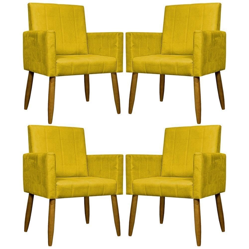 Kit 4 Poltronas Decorativas Mari Suede Pé Palito Castanho - Amarelo Suede