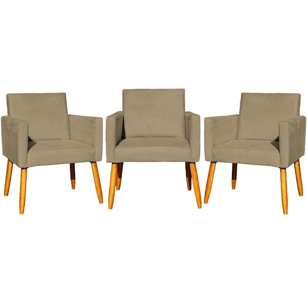 Kit 3 Poltronas Para Recepção Nina Suede Cores Pé Palito 30cm Castanho - Suede
